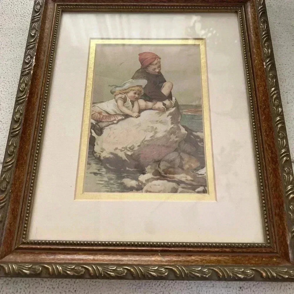 Vintage Wood Framed Matted Picture of Kids by the Water - Picture 2 of 5